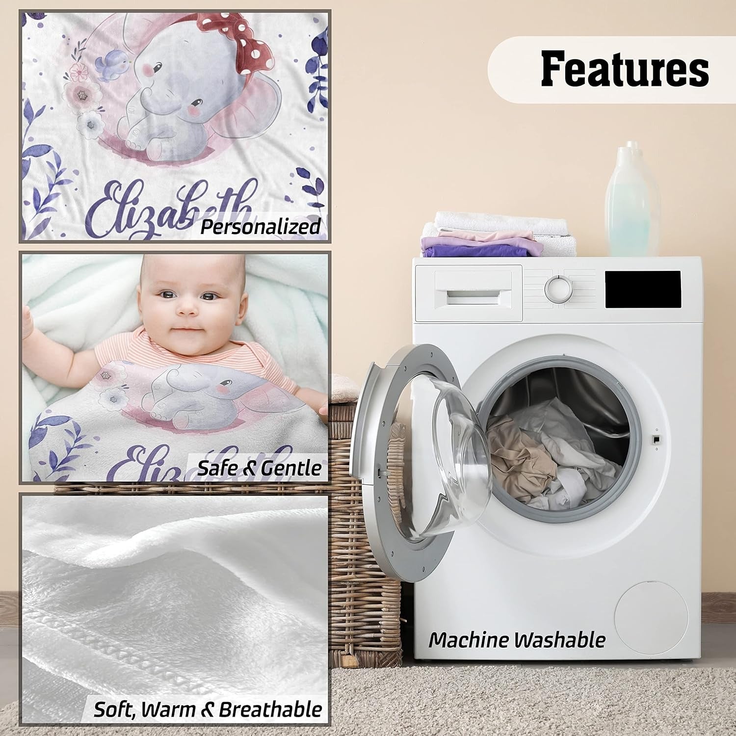 Features of personalized baby girl blanket with name Elizabeth including softness, breathable fleece and machine washable