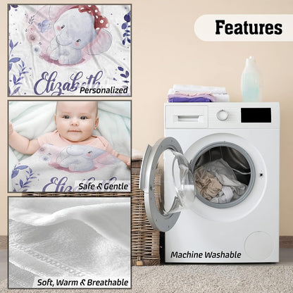 Features of personalized baby girl blanket with name Elizabeth including softness, breathable fleece and machine washable