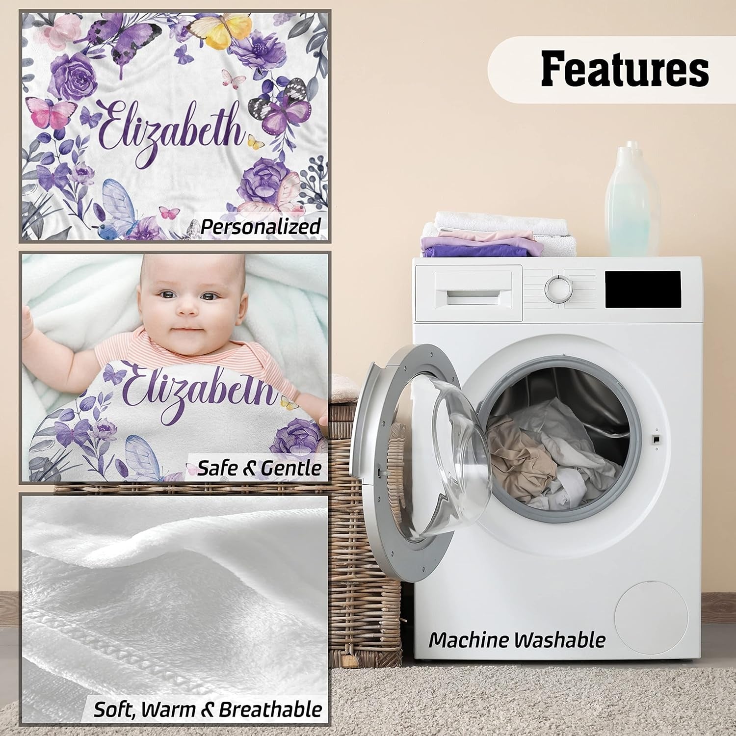 Features of personalized baby girl blanket with name Elizabeth, breathable fleece, machine washable and soft