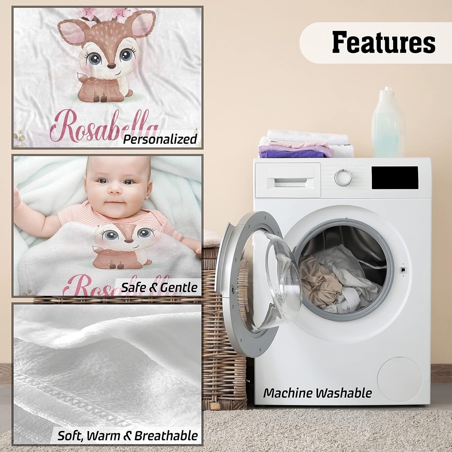 Features of personalized baby blanket for girls including softness, breathable fabric and machine washable design