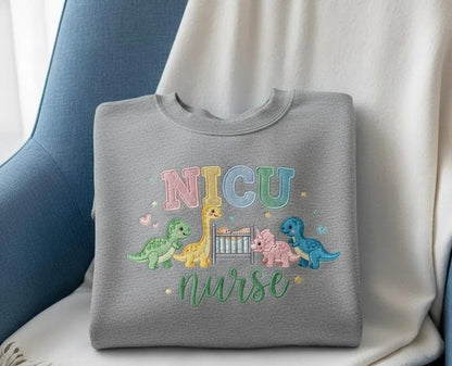 NICU Nurse Embroidered Sweatshirt Cute Dinosaur Crib Design Neonatal Nurse Appreciation Gift