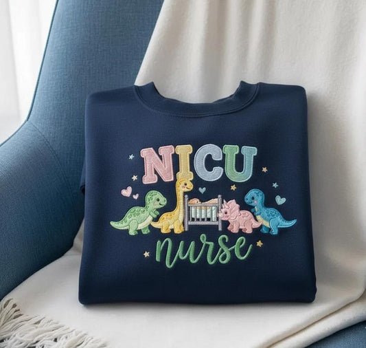NICU Nurse Embroidered Sweatshirt Cute Dinosaur Crib Design Neonatal Nurse Appreciation Gift