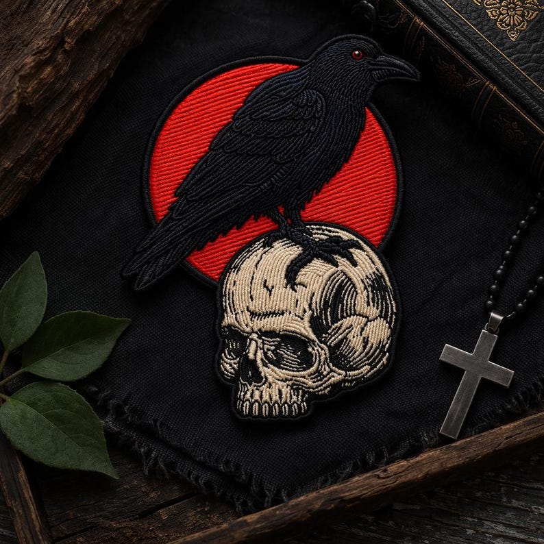 Embroidered Raven Skull Patch Gothic Bird Red Sun Dark Aesthetic Biker Punk Iron On