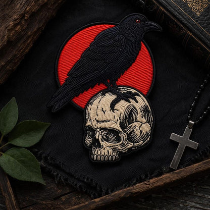 Embroidered Raven Skull Patch Gothic Bird Red Sun Dark Aesthetic Biker Punk Iron On