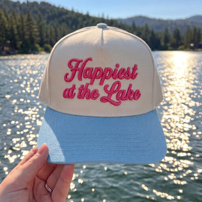 Happiest At The Lake Embroidered Hat: Summer Vacation Baseball Cap, Boating Life