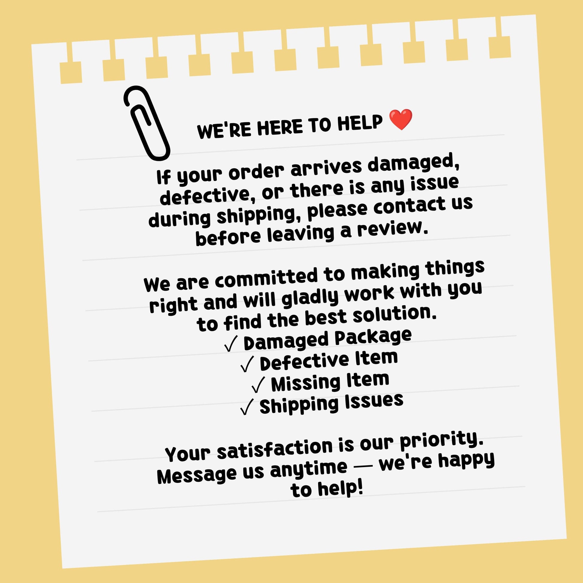 Customer support note about damaged packages, defective items, missing items, and shipping issues