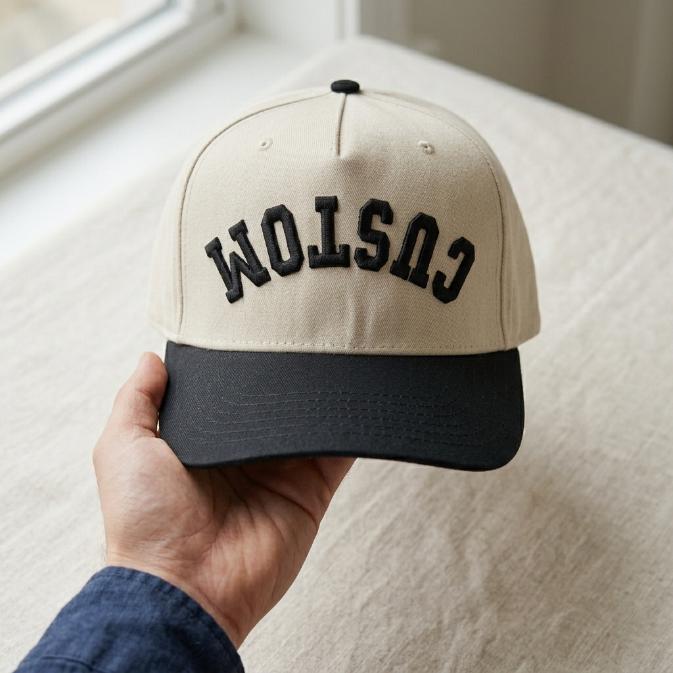 Two-tone khaki and black hat with raised CUSTOM embroidery