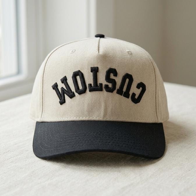Front view of khaki embroidered CUSTOM hat with black brim