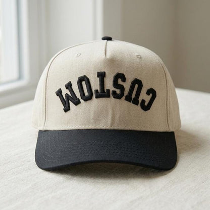 Front view of khaki embroidered CUSTOM hat with black brim