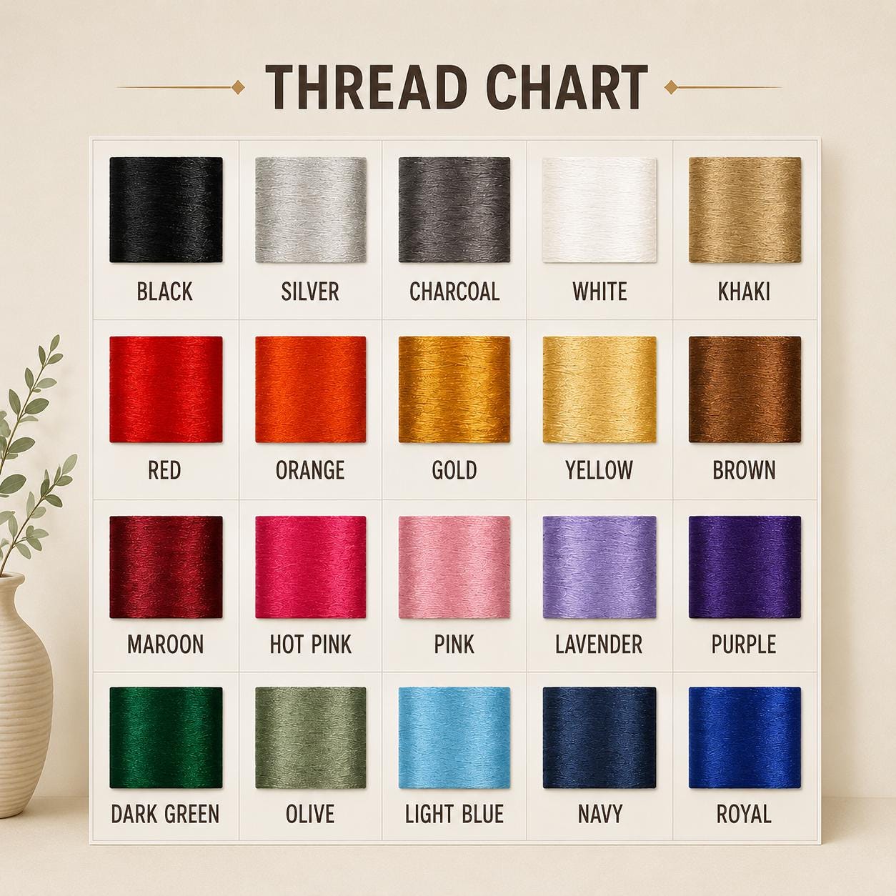 Embroidery thread color chart showing black, silver, charcoal, white, khaki, red, orange, gold, yellow, brown, maroon, pink, lavender, purple, green, olive, light blue, navy, and royal