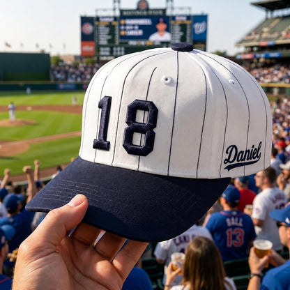 Personalized white pinstripe baseball hat with navy brim, number 18, and Daniel script detail at a baseball stadium
