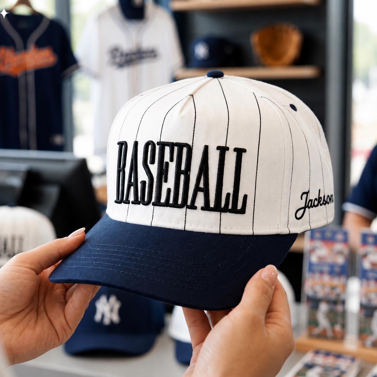 Close-up of baseball pinstripe hat showing embroidered front lettering and side script detail