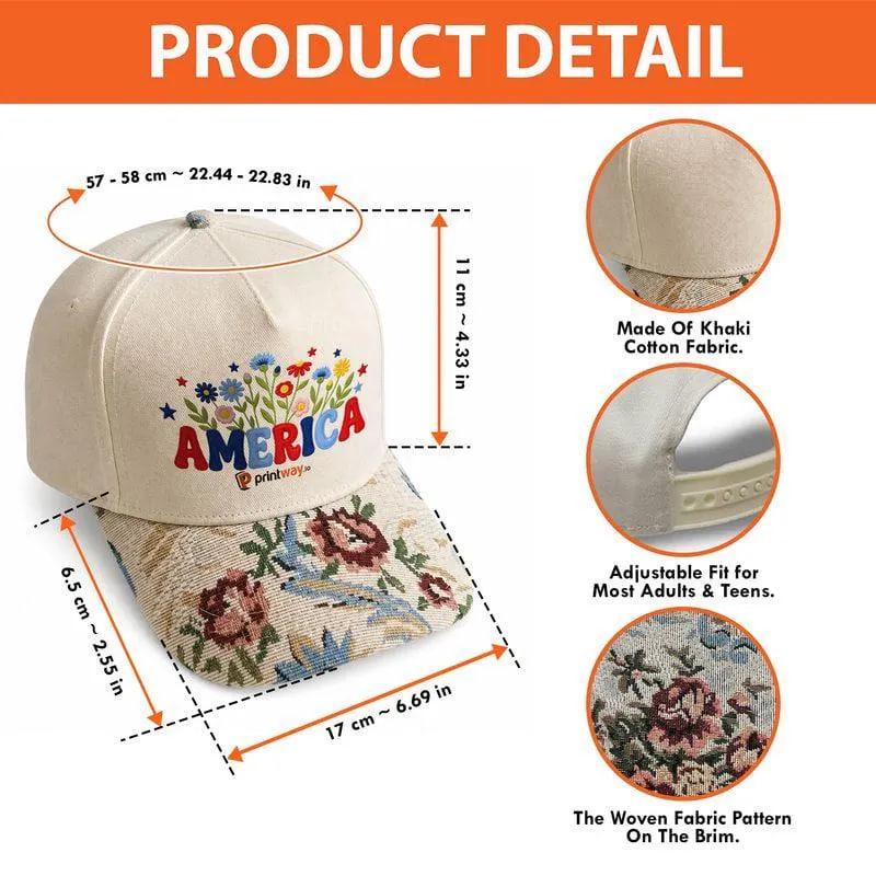 Product detail graphic showing hat dimensions, adjustable closure, and floral brim