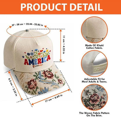 Product detail graphic showing hat dimensions, adjustable closure, and floral brim