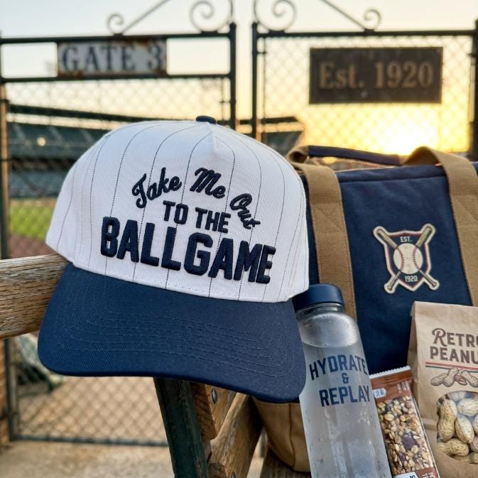 Embroidered pinstripe baseball hat displayed near a ballpark gate with navy brim