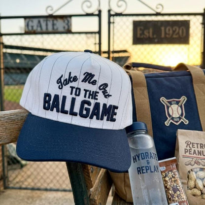 Embroidered pinstripe baseball hat displayed near a ballpark gate with navy brim