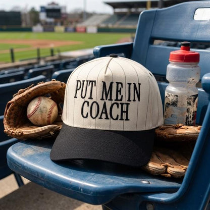 Put Me In Coach pinstripe hat displayed with baseball gloves and a baseball