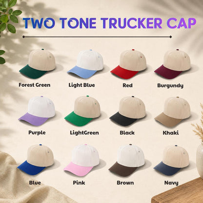 Two-tone trucker cap color chart showing forest green, light blue, red, burgundy, purple, light green, black, khaki, blue, pink, brown, and navy