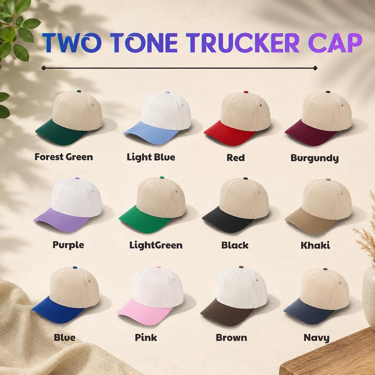 Color chart showing two-tone trucker cap color combinations