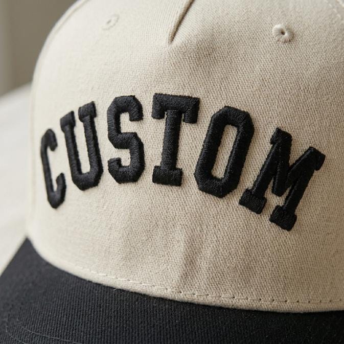 Close-up of raised black CUSTOM lettering on khaki hat