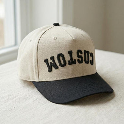 Angled view of two-tone CUSTOM embroidered cap