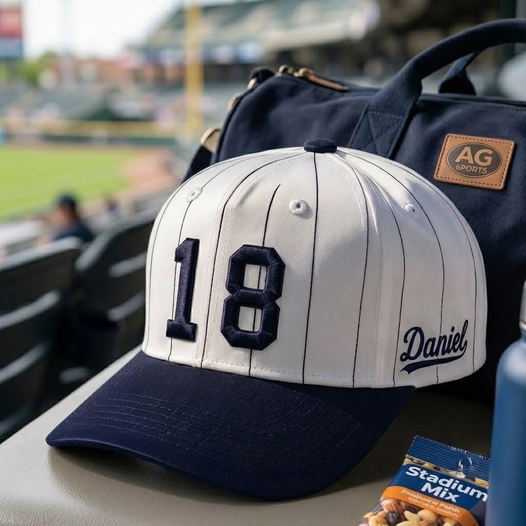 White pinstripe baseball hat with navy brim and number 18 displayed beside a sports bag in stadium seating