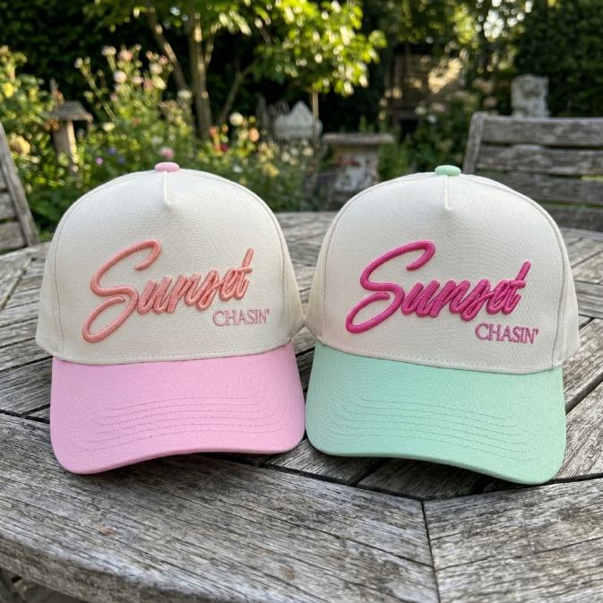 Pink and cream Sunset Chasin' two-tone trucker cap front view