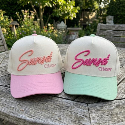 Pink and cream Sunset Chasin' two-tone trucker cap front view