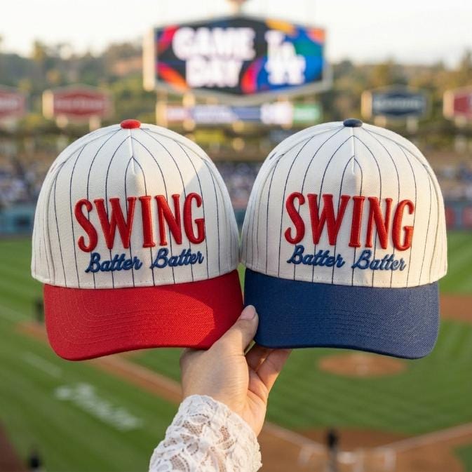 Two embroidered Swing Batter Batter pinstripe baseball hats with red and navy brims at a baseball stadium