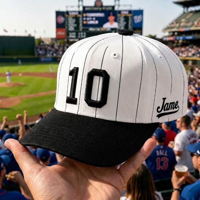 White pinstripe baseball hat with black brim, number 10, and script name detail held at a baseball stadium