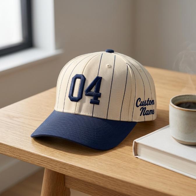 Personalized pinstripe baseball cap with 04 number and Custom Name displayed on a wooden desk
