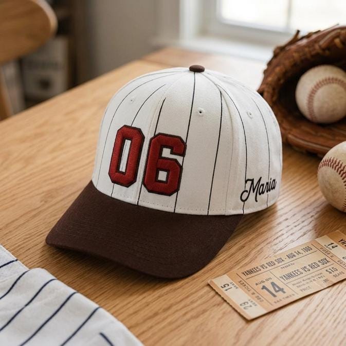 Pinstripe baseball hat with red 06 displayed on a wooden table with baseballs and a glove