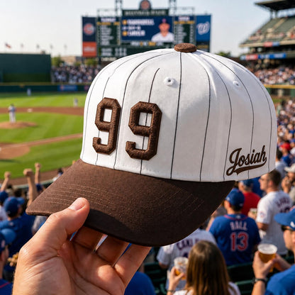 White pinstripe baseball hat with brown embroidered number 99 and Josiah name detail