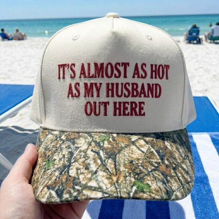 Cream embroidered hat with funny husband quote and camouflage-patterned brim
