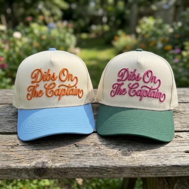 Close-up of Dibs On The Captain embroidered trucker caps displayed outdoors on a wooden table