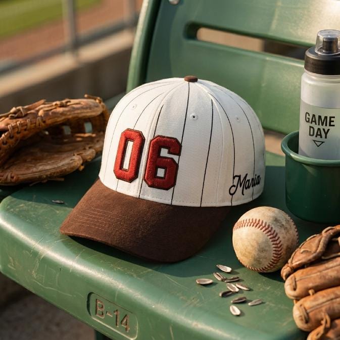 White and brown 06 baseball hat resting on a green stadium seat with baseball gear