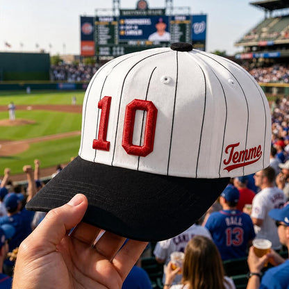 White pinstripe baseball hat with red embroidered number 10 and Jennie name detail