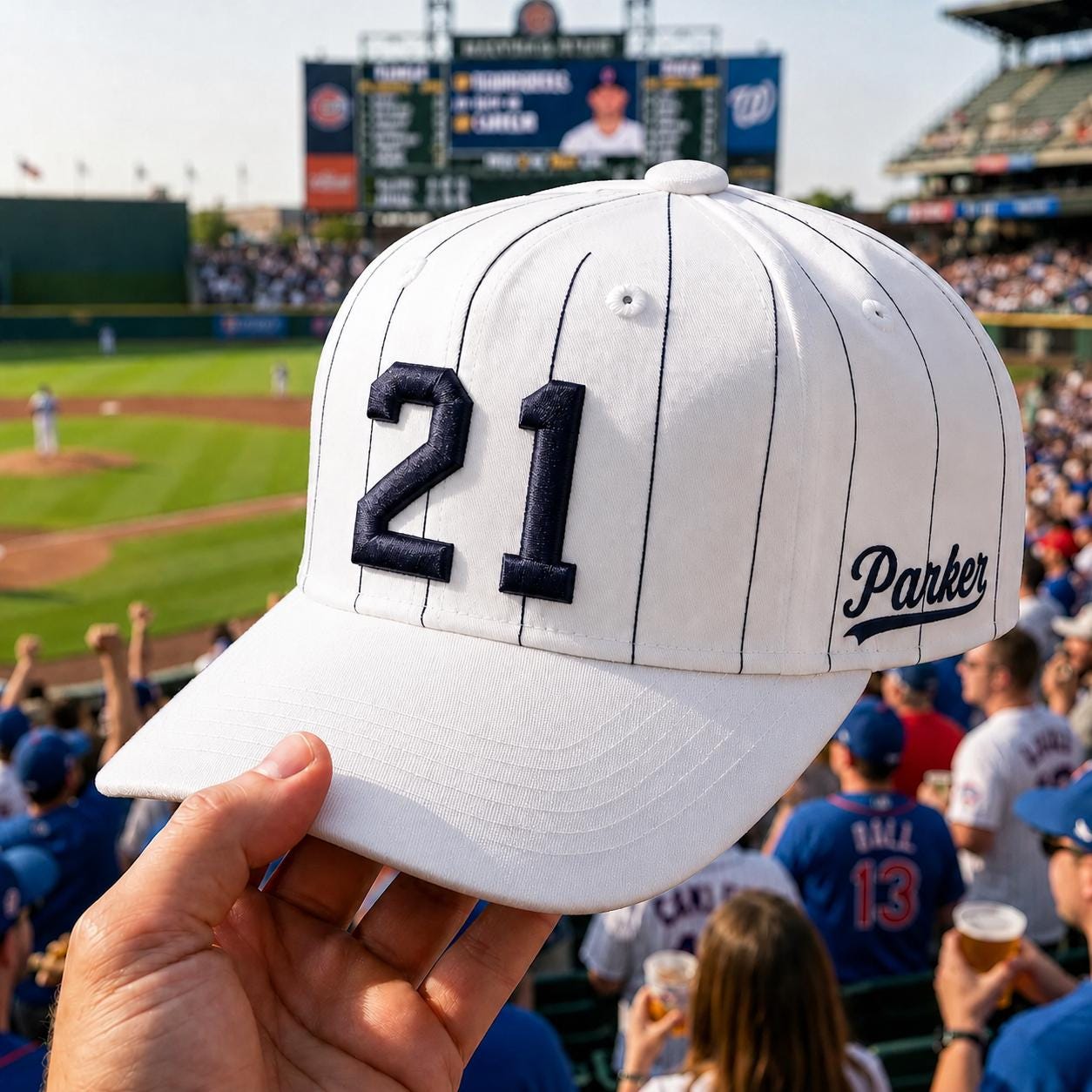 White pinstripe baseball hat with navy embroidered number 21 and Parker name detail