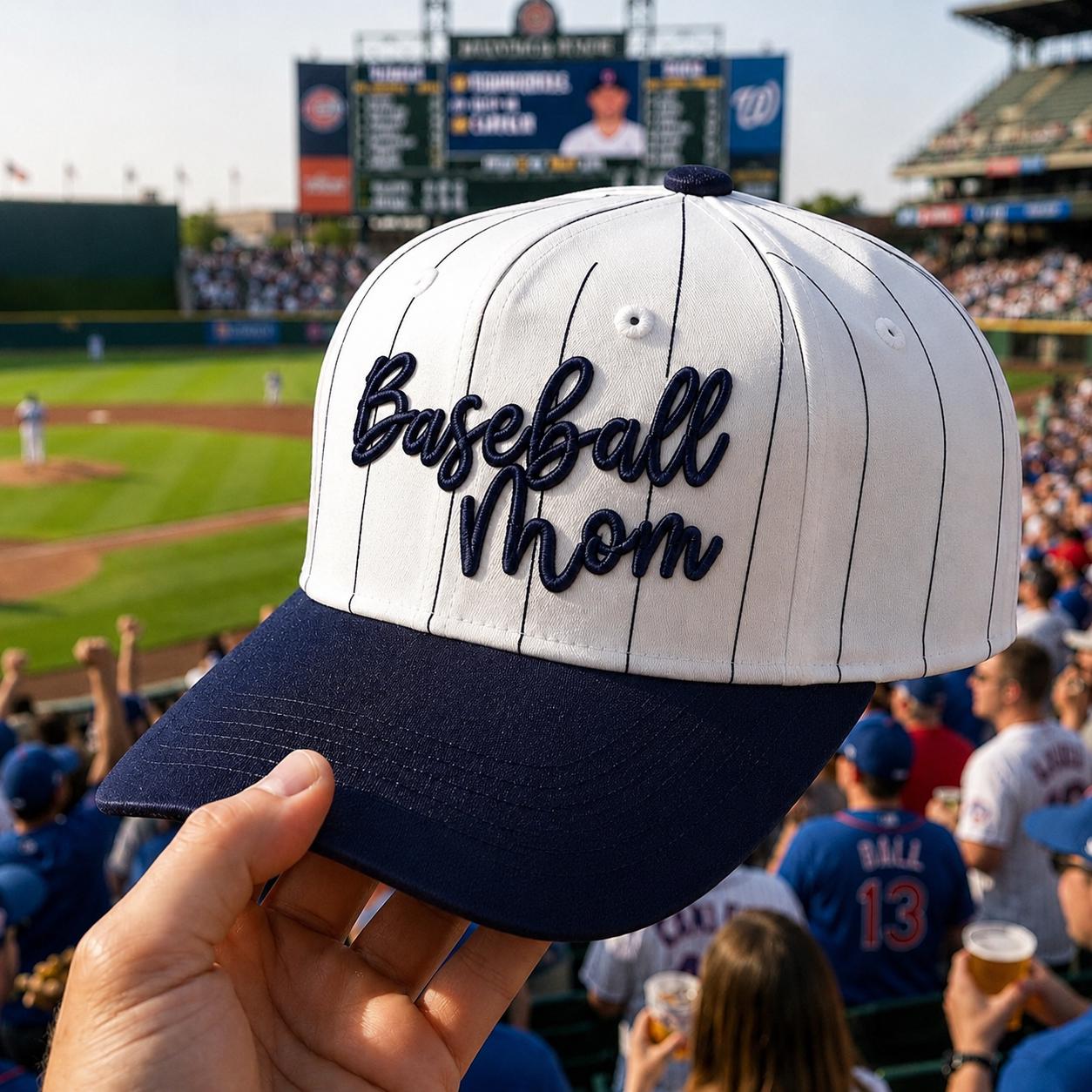 White pinstripe baseball mom hat with raised navy script embroidery at a baseball stadium