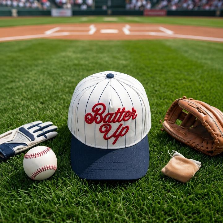 Embroidered Batter Up baseball hat displayed on a baseball field