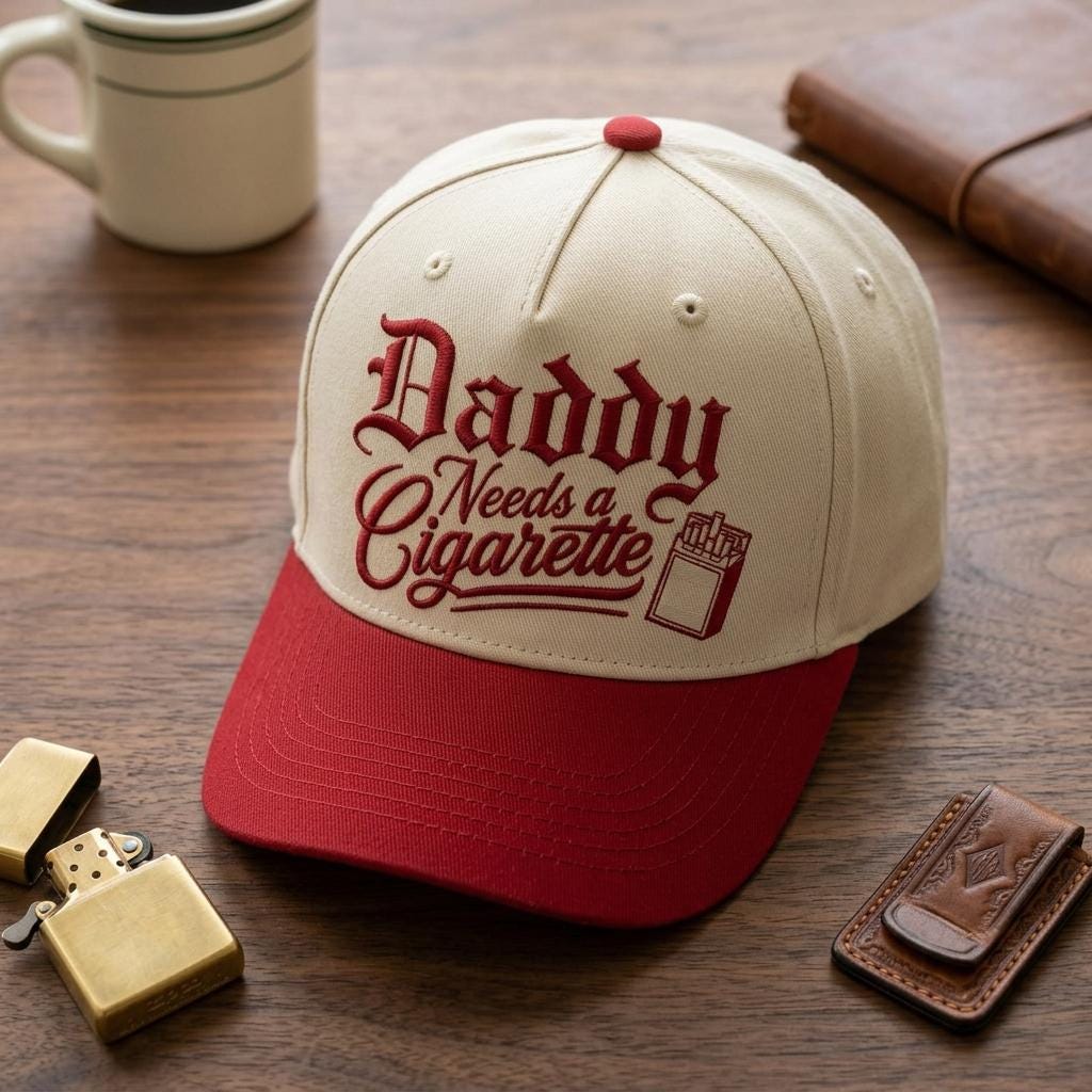 Cream and red two-tone trucker cap with Daddy Needs a Cigarette embroidery