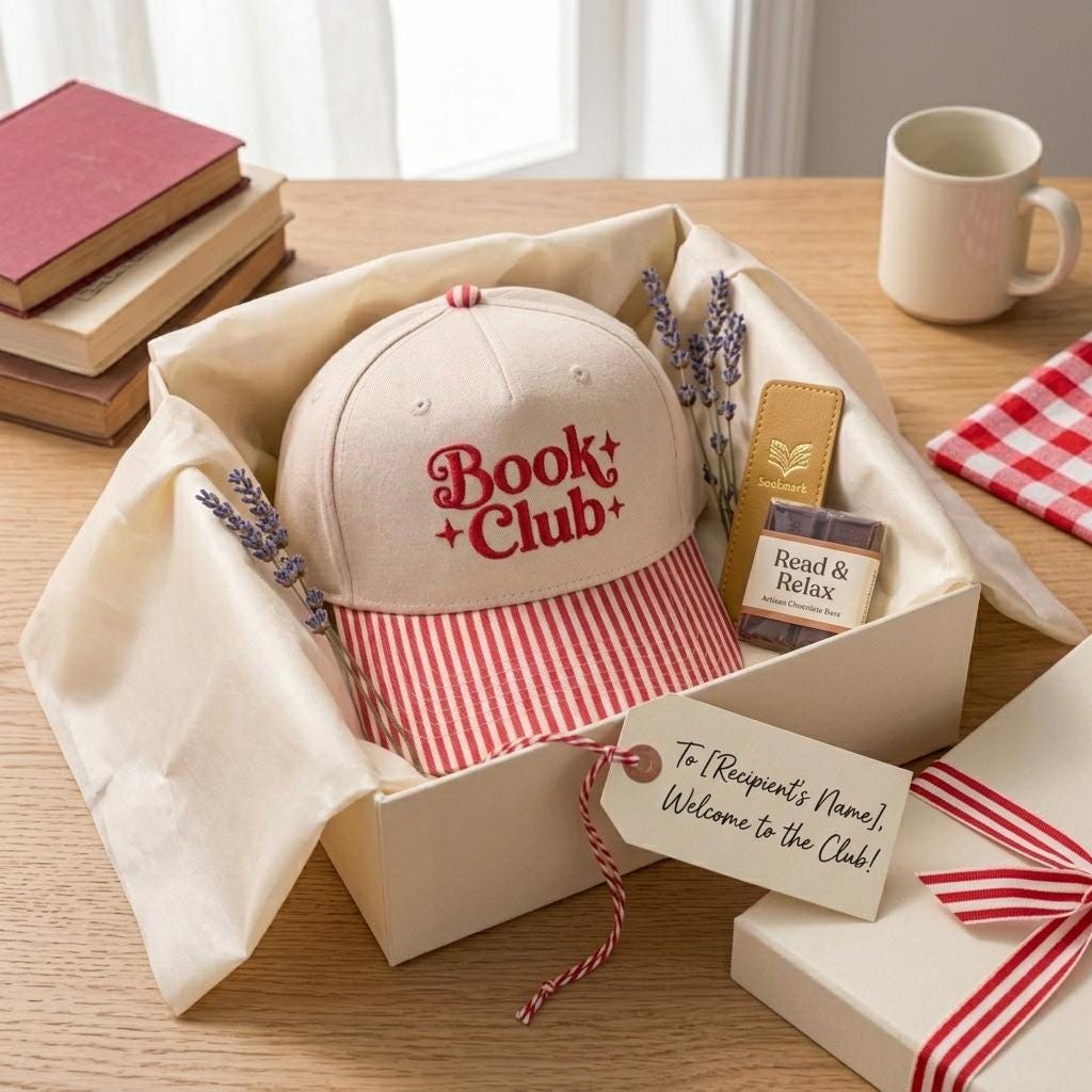 Book Club hat presented in a reading-themed gift box