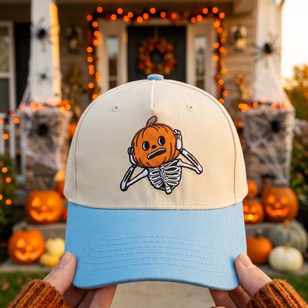 Two-tone cream and light blue hat with embroidered pumpkin skeleton design