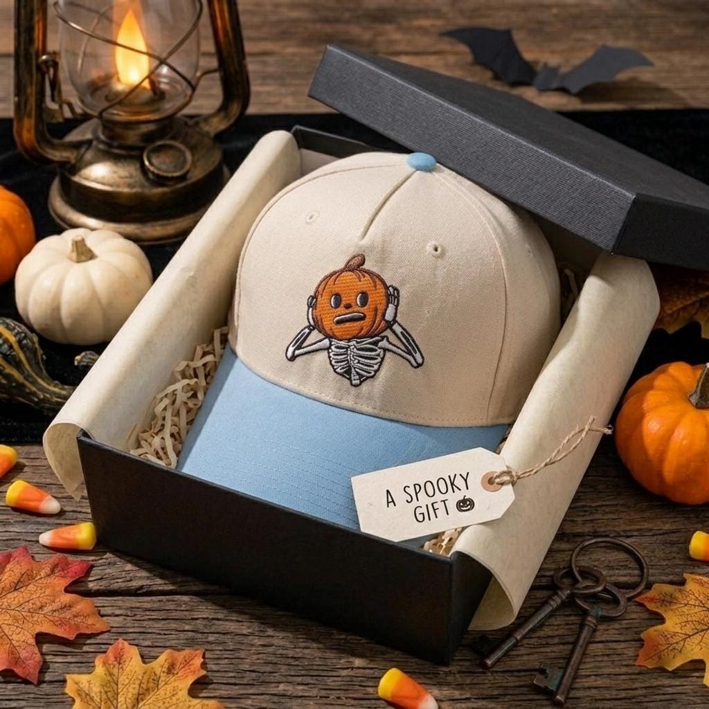 Pumpkin skeleton hat presented in a spooky gift box