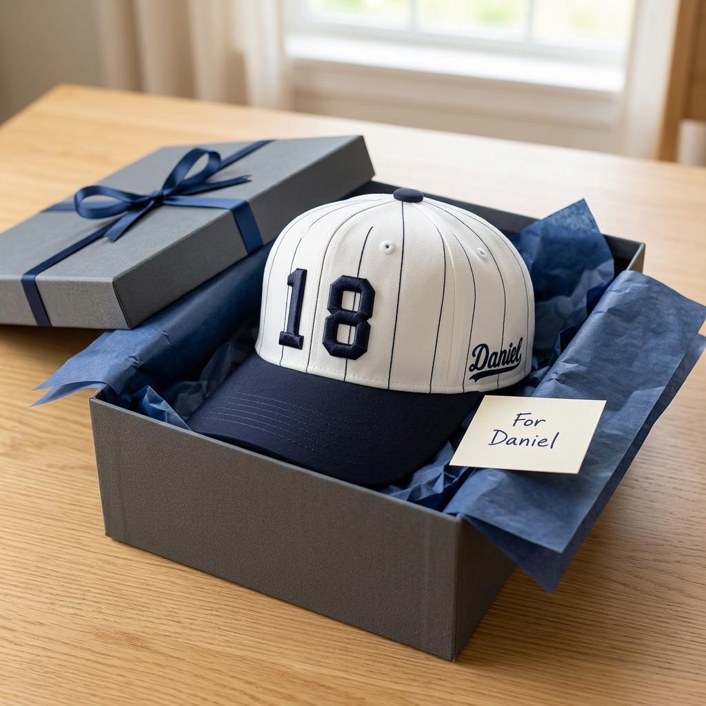 Personalized number 18 pinstripe baseball hat presented in a gift box with a Daniel card