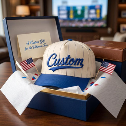 Custom pinstripe baseball hat presented in an open gift box