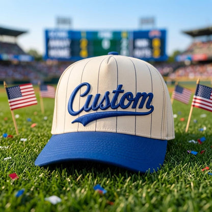 Custom pinstripe hat displayed on baseball field grass with American flags