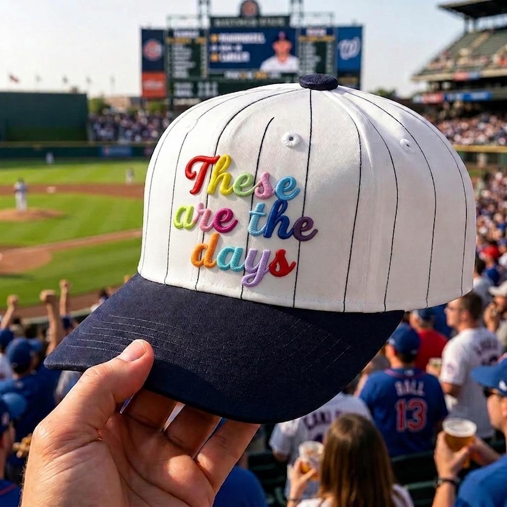 Embroidered white pinstripe baseball hat with colorful “These Are the Days” script and dark brim at a baseball stadium