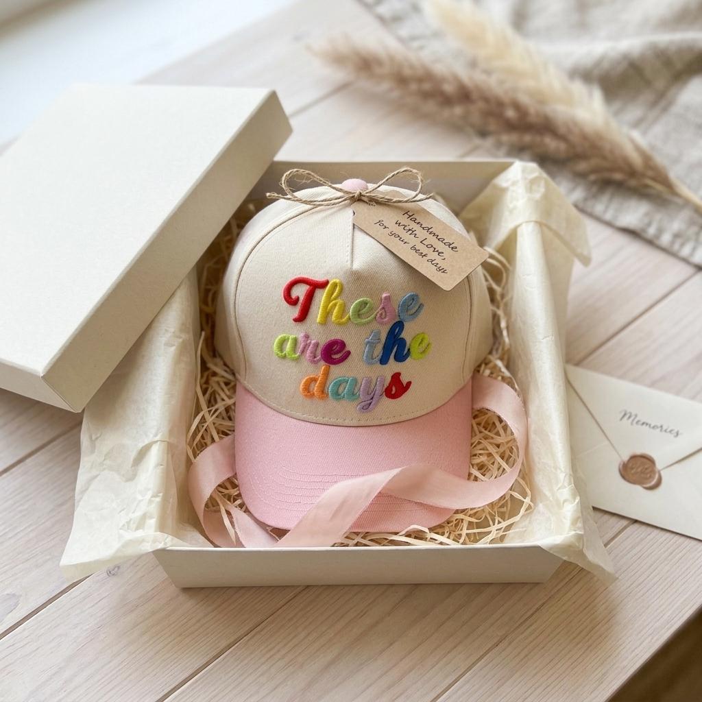 Pink These are the days embroidered hat presented in a gift box