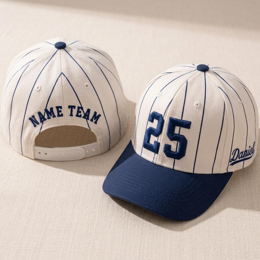 White pinstripe baseball hat with embroidered number 25 and navy brim